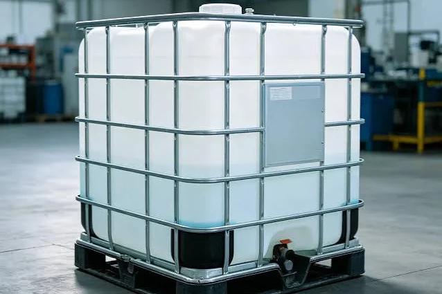 Caged IBC tote on a composite pallet
